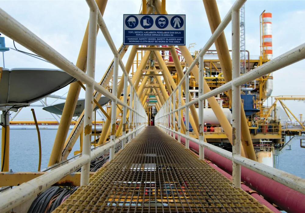 Offshore walkway with safety signage